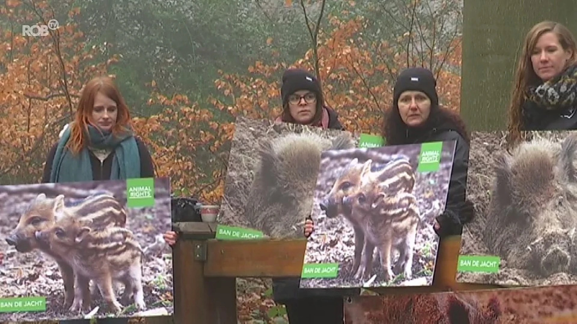 Animal Rights protesteert tegen de drukjacht op everzwijnen in het Meerdaalwoud in Bierbeek