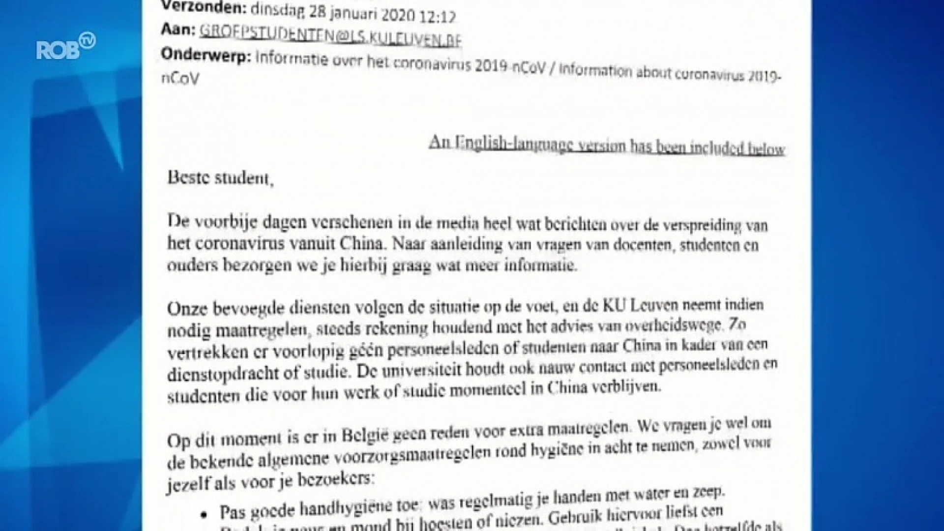 Alle studenten aan KU Leuven krijgen mail over coronavirus: "Voorlopig gaat er niemand naar China"