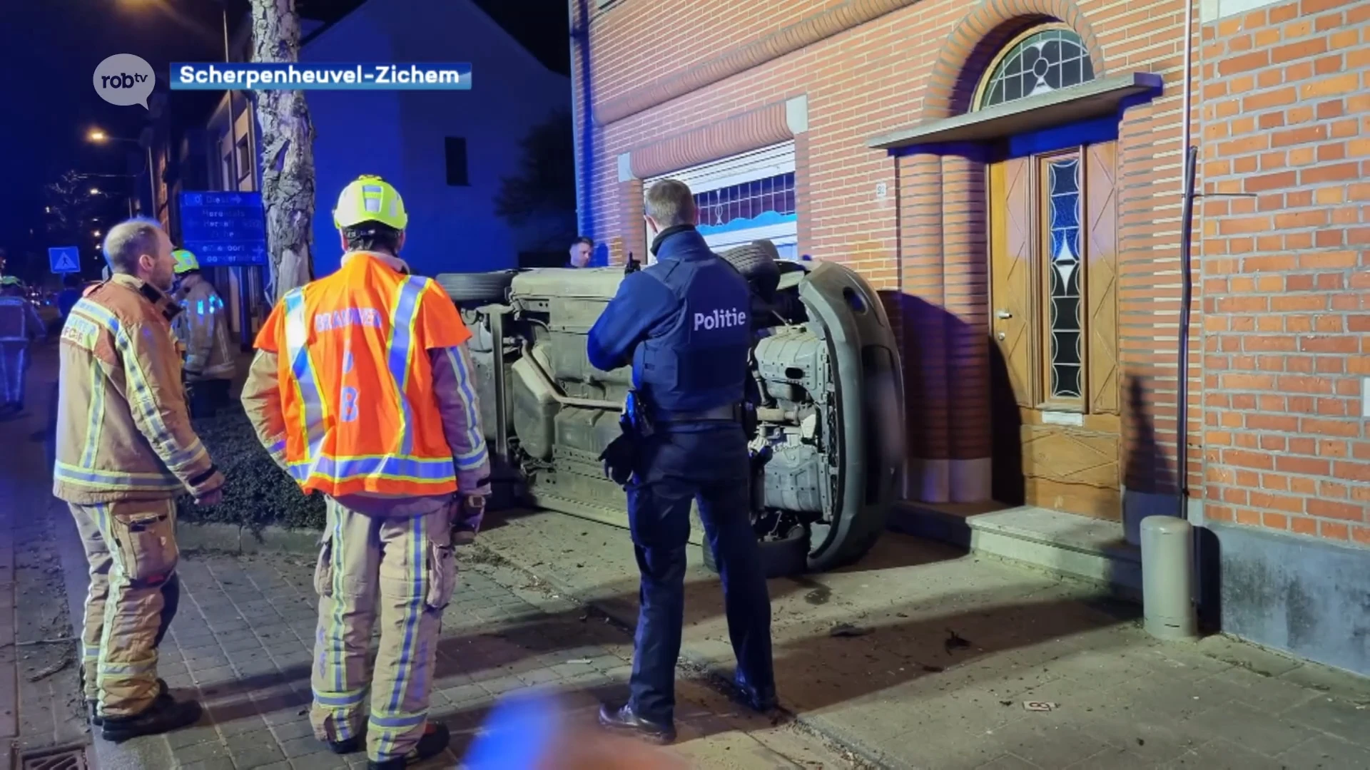 Spectaculair ongeval in Scherpenheuvel: auto gaat overkop en belandt tegen gevel van huis in Basilieklaan