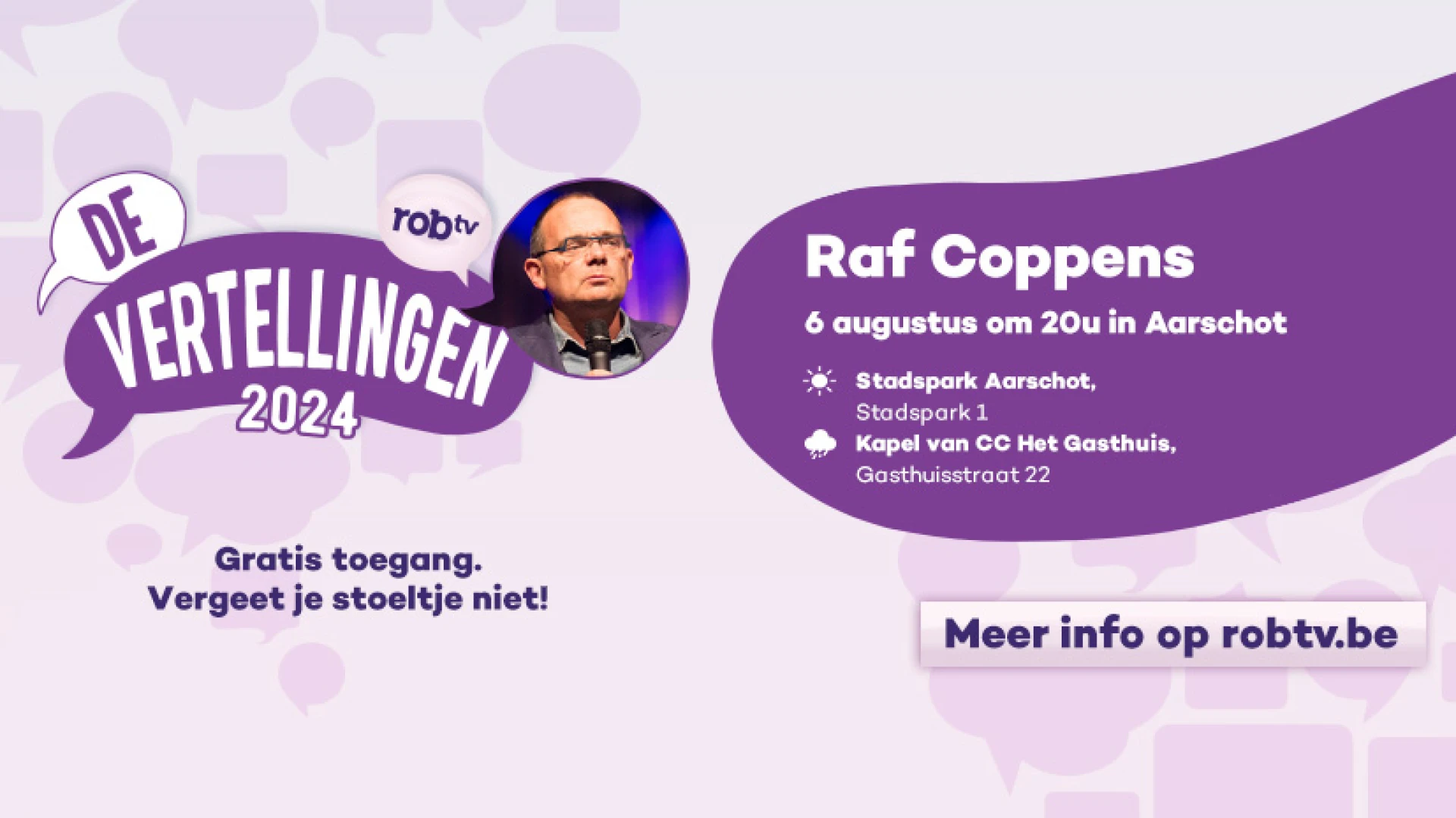 Nog op zoek naar leuke activiteit? ROBtv Vertellingen met Raf Coppens strijken vanavond neer in Stadspark Aarschot