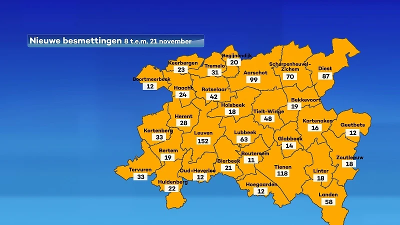 UPDATE 25 november: Bekijk hier hoeveel coronabesmettingen er zijn in jouw gemeente