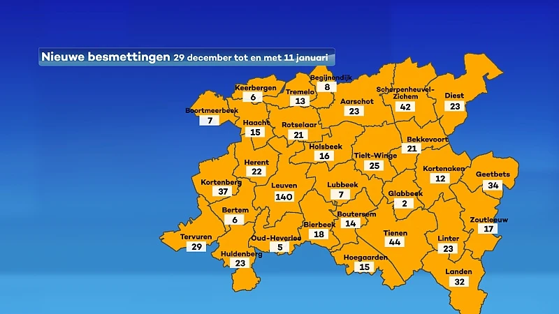 UPDATE 15 januari: Bekijk hier hoeveel coronabesmettingen er zijn in jouw gemeente
