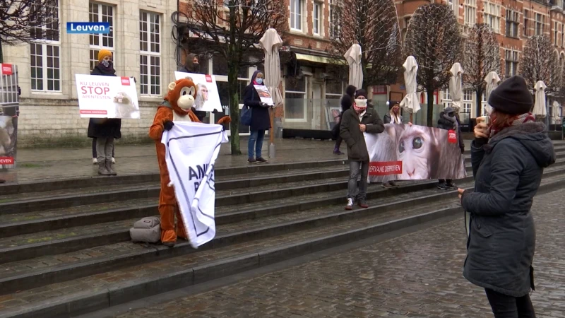 Animal Rights protesteert op Oude Markt tegen apenexperimenten aan KU Leuven
