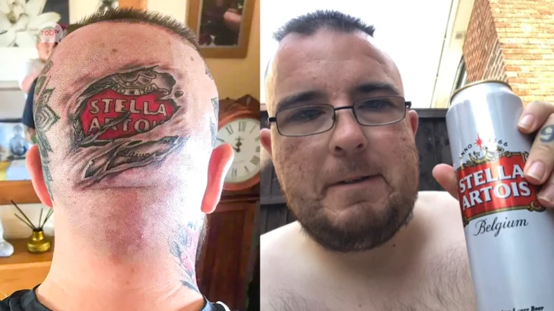 Man laat tattoo van Stella Artois op zijn achterhoofd zetten