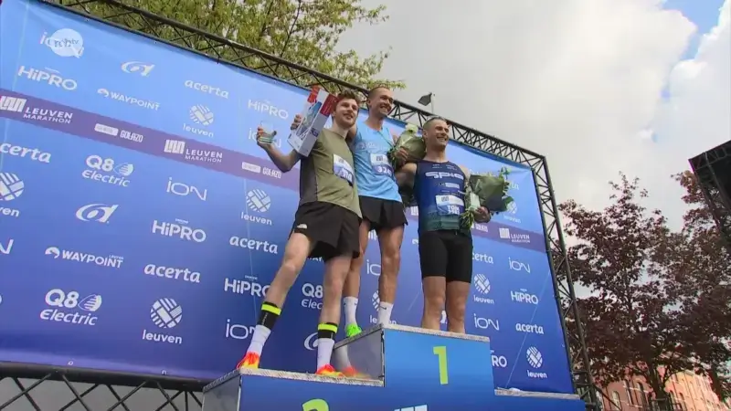 Pieter De Wortelaer en Hanna Vandenbussche koman als eerste man en vrouw over de finish van de Leuven Marathon