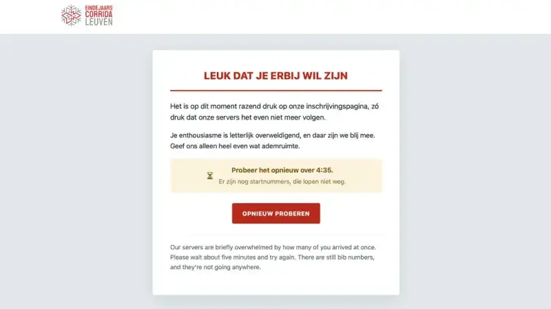 Website om in te schrijven voor de eindejaarscorrida in Leuven ligt meteen plat: "De website was wel versterkt, maar er wilden heel veel mensen tegelijk inschrijven"